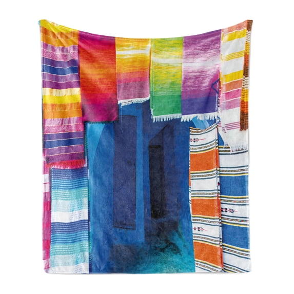 Ethnic Soft Flannel Fleece Throw Blanket, Moroccan Street Shop View with Vibrant Colorful Handcraft Famous Carpets Photo, Cozy Plush for Indoor and Outdoor Use, 70" x 90", Multicolor, by Ambesonne