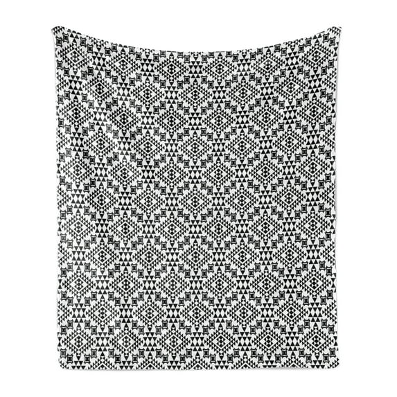 Ethnic Soft Flannel Fleece Throw Blanket, Motifs in Black and White with Triangles National Art Design Folklore, Cozy Plush for Indoor and Outdoor Use, 60" x 80", Black White, by Ambesonne