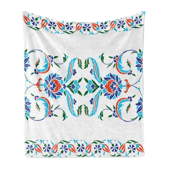 Ethnic Soft Flannel Fleece Throw Blanket, Old Turkish Ceramic Style with Tulips Vintage Ottoman Heritage Image Print, Cozy Plush for Indoor and Outdoor Use, 70" x 90", Blue Red, by Ambesonne