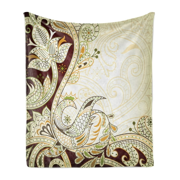 Ethnic Soft Flannel Fleece Throw Blanket, Oriental Floral Leaf Pattern with Middle Eastern Design, Cozy Plush for Indoor and Outdoor Use, 70" x 90", Grey Yellow Chocolate, by Ambesonne