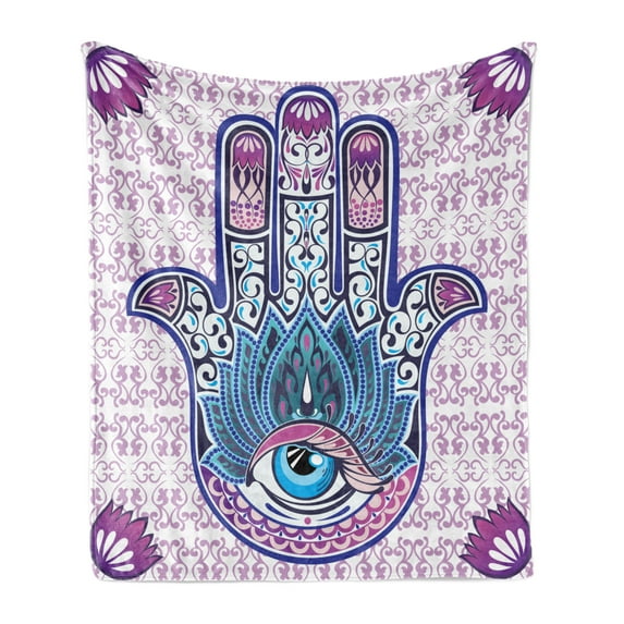 Ethnic Soft Flannel Fleece Throw Blanket, Oriental Hand with Eyes and Floral Swirling Ornaments Illustration, Cozy Plush for Indoor and Outdoor Use, 70" x 90", Multicolor, by Ambesonne