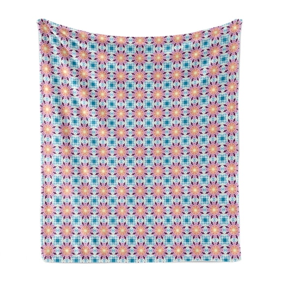 Ethnic Soft Flannel Fleece Throw Blanket, Oriental Mosaic Floral Symbolic Eastern Style Geometric Boho Inspired, Cozy Plush for Indoor and Outdoor Use, 60" x 80", Purple Pale Azure Blue, by Ambesonne