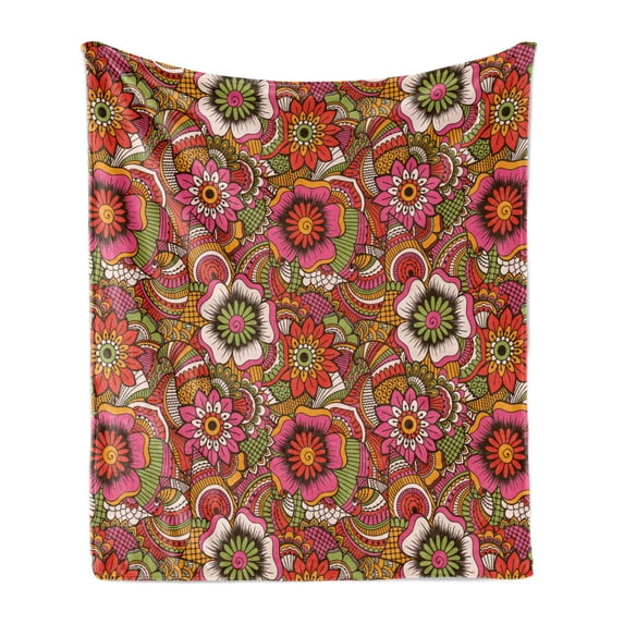 Ethnic Soft Flannel Fleece Throw Blanket, Oriental Style Botanical Flourishing Nature Pattern Motley Art Spring Theme, Cozy Plush for Indoor and Outdoor Use, 60" x 80", Multicolor, by Ambesonne