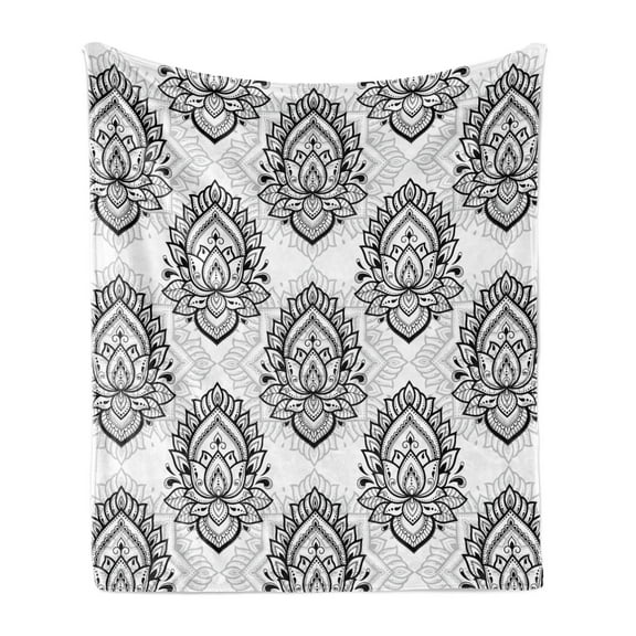 Ethnic Soft Flannel Fleece Throw Blanket, Ethnic Oriental Style Depiction of Lotus Flower in Mandala Pattern, Cozy Plush for Indoor and Outdoor Use, 60" x 80", White and Charcoal Grey, by Ambesonne