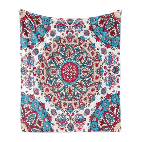 Ethnic Soft Flannel Fleece Throw Blanket, Oriental Style Floral Circles Paisley Retro Image in Pastel Colors, Cozy Plush for Indoor and Outdoor Use, 50" x 70", Turquoise Pale Pink, by Ambesonne