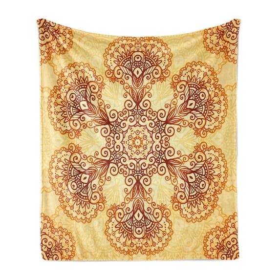 Ethnic Soft Flannel Fleece Throw Blanket, Ornate Vintage Circular Motif in Oriental Tattoo Mandala Inspired, Cozy Plush for Indoor and Outdoor Use, 70" x 90", Dark Orange Apricot, by Ambesonne