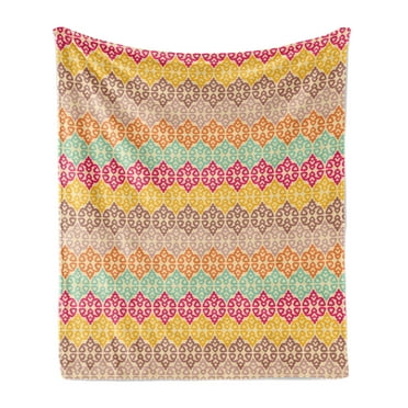 Ethnic Soft Flannel Fleece Throw Blanket, Pattern of Colorful Motifs Ornamental Eastern Inspired Forms, Cozy Plush for Indoor and Outdoor Use, 60" x 80", Beige and Multicolor, by Ambesonne