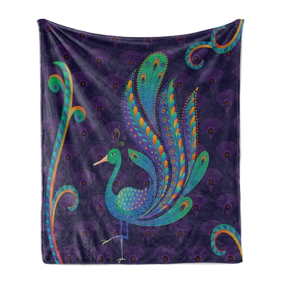 Ethnic Soft Flannel Fleece Throw Blanket, Peacock Bird with Oriental Feather Before Image, Cozy Plush for Indoor and Outdoor Use, 70" x 90", Purple Green and Blue, by Ambesonne