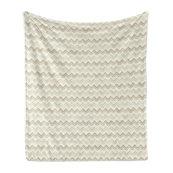 Ethnic Soft Flannel Fleece Throw Blanket, Print of Continuous Tribal Zigzag Motifs Traditional on Pale Background, Cozy Plush for Indoor and Outdoor Use, 50" x 60", Ivory and Pale Sepia, by Ambesonne