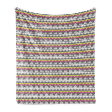 Ethnic Soft Flannel Fleece Throw Blanket, Repetitive Colorful Geometrical Pattern Silhouettes, Cozy Plush for Indoor and Outdoor Use, 70" x 90", Grey Pink Yellow, by Ambesonne