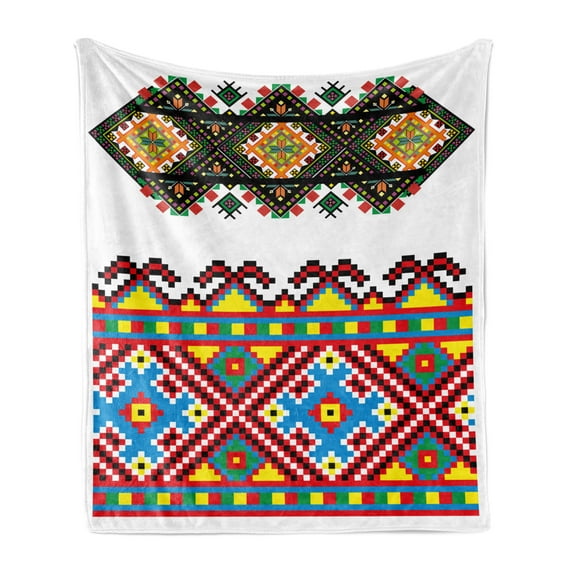 Ethnic Soft Flannel Fleece Throw Blanket, Retro Ukrainian Ornament Traditional Cultural Folklore Heritage Design, Cozy Plush for Indoor and Outdoor Use, 50" x 70", Multicolor, by Ambesonne