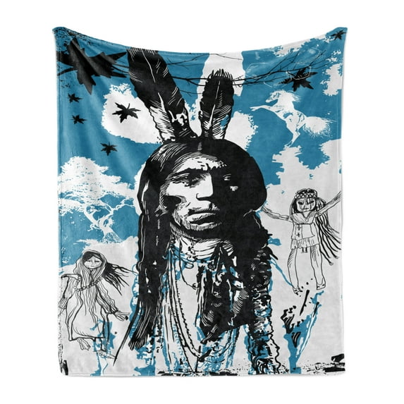 Ethnic Soft Flannel Fleece Throw Blanket, Sketch Style Design Children and Father, Cozy Plush for Indoor and Outdoor Use, 50" x 70", Blue Black and White, by Ambesonne