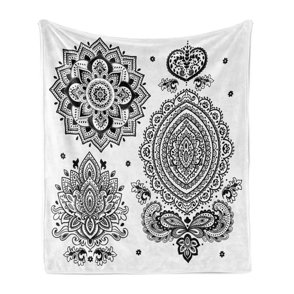 Ethnic Soft Flannel Fleece Throw Blanket, South Art Inspired Design Elements Floral and Geometrical Style Ornamental, Cozy Plush for Indoor and Outdoor Use, 50" x 70", White Black, by Ambesonne