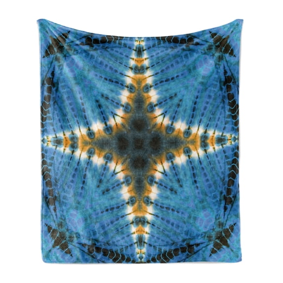 Ethnic Soft Flannel Fleece Throw Blanket, Star in Middle of Color Power Textured Ikat Pattern Print, Cozy Plush for Indoor and Outdoor Use, 50" x 70", Blue Orange, by Ambesonne
