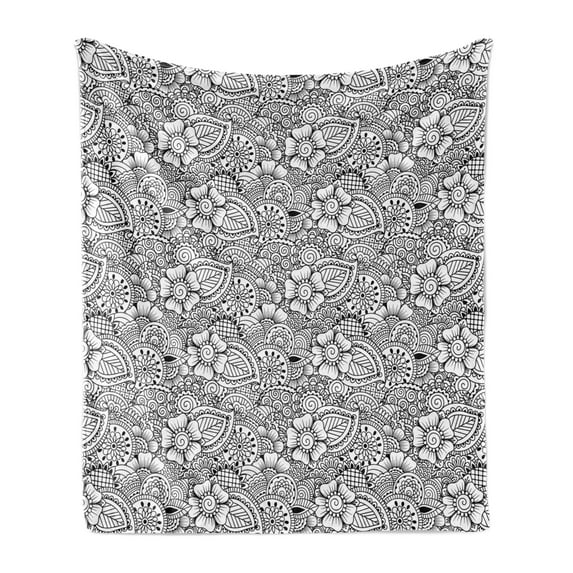 Ethnic Soft Flannel Fleece Throw Blanket, Tattoo Design Monochrome Cultures Inspirations Floral Elements, Cozy Plush for Indoor and Outdoor Use, 50" x 70", White and Black, by Ambesonne