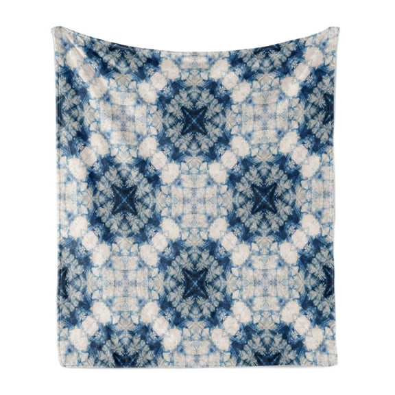 Ethnic Soft Flannel Fleece Throw Blanket, Tie Dye Effect Print Art Featured Odd and Hazy Forms in Symmetric Axis Design, Cozy Plush for Indoor and Outdoor Use, 70" x 90", Blue Grey, by Ambesonne
