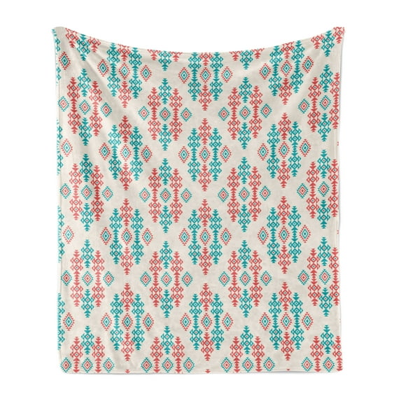 Ethnic Soft Flannel Fleece Throw Blanket, Traditional Local Design Elements, Cozy Plush for Indoor and Outdoor Use, 60" x 80", Coral Turquoise White, by Ambesonne