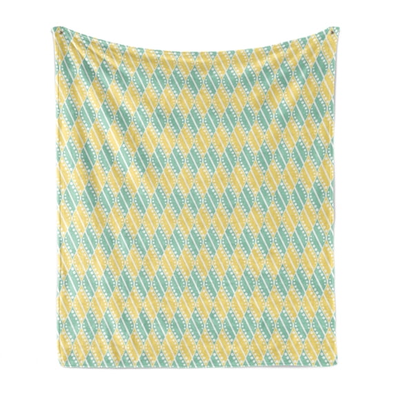 Ethnic Soft Flannel Fleece Throw Blanket, Traditional Motif Pattern Oval Shapes with Dots in Pale Colors, Cozy Plush for Indoor and Outdoor Use, 60" x 80", Mint Green Yellow White, by Ambesonne