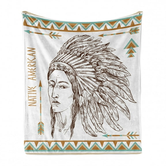 Ethnic Soft Flannel Fleece Throw Blanket, Traditional Native Man Portrait Illustration Print, Cozy Plush for Indoor and Outdoor Use, 50" x 60", Chocolate White Teal, by Ambesonne