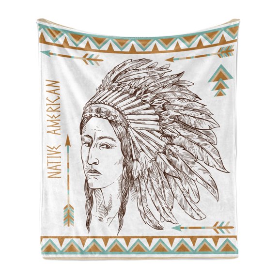 Ethnic Soft Flannel Fleece Throw Blanket, Traditional Native Man Portrait Illustration Print, Cozy Plush for Indoor and Outdoor Use, 60" x 80", Chocolate White Teal, by Ambesonne