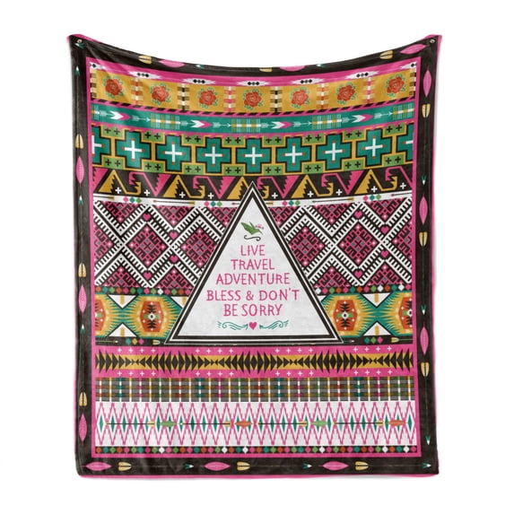 Ethnic Soft Flannel Fleece Throw Blanket, Travel Adventure Boho Hippie Geometric Colorful Ornaments Folkloric Elements, Cozy Plush for Indoor and Outdoor Use, 50" x 60", Pink and Brown, by Ambesonne