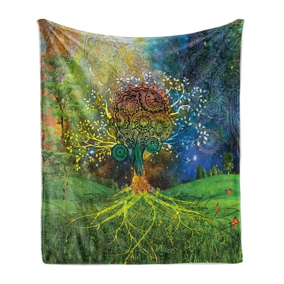 Ethnic Soft Flannel Fleece Throw Blanket, Tree in the Valley Spiral Branch Balance Mother Earth Art Illustration Print, Cozy Plush for Indoor and Outdoor Use, 60" x 80", Green Blue, by Ambesonne