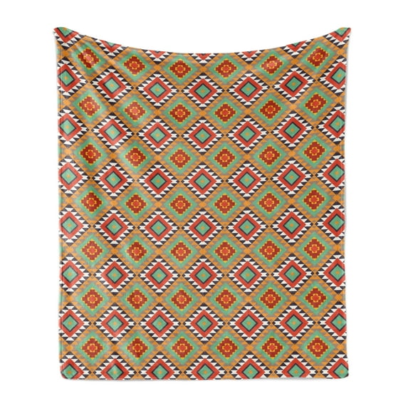 Ethnic Soft Flannel Fleece Throw Blanket, Tribal Inspired Geometrical Motifs with Squares and Triangles in Colorful Tones, Cozy Plush for Indoor and Outdoor Use, 60" x 80", Multicolor, by Ambesonne