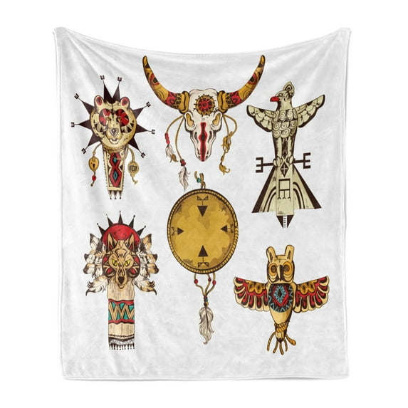 Ethnic Soft Flannel Fleece Throw Blanket, Tribes Animal Totems Cultures Sketch Artwork, Cozy Plush for Indoor and Outdoor Use, 50" x 70", Pale Coffee Amber White, by Ambesonne