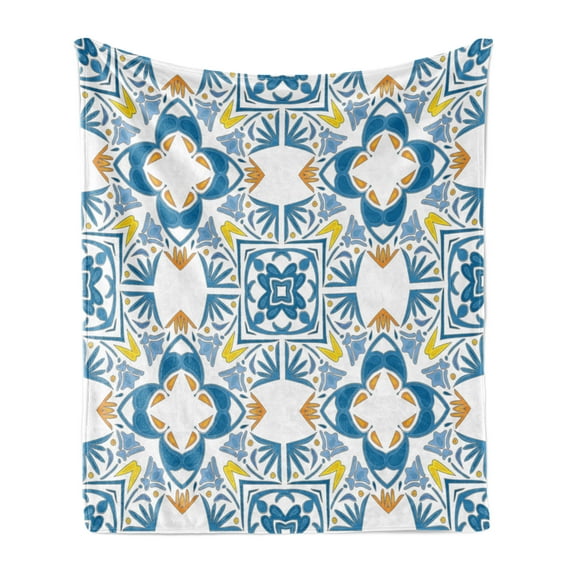 Ethnic Soft Flannel Fleece Throw Blanket, Tunisian Mosaic with Azulojo Spanish Influence Retro Inspired Artwork, Cozy Plush for Indoor and Outdoor Use, 50" x 60", Blue, by Ambesonne