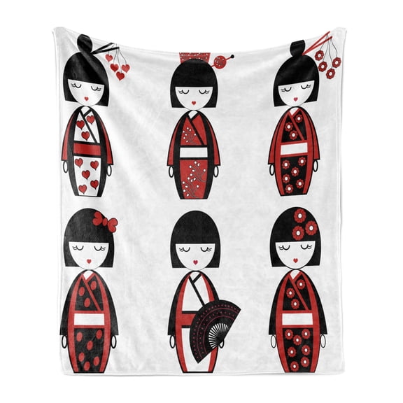 Ethnic Soft Flannel Fleece Throw Blanket, Unique Geisha Dolls in Folkloric Costumes Outfits Hair Sticks Kimono Art Image, Cozy Plush for Indoor and Outdoor Use, 50" x 60", Black Red, by Ambesonne