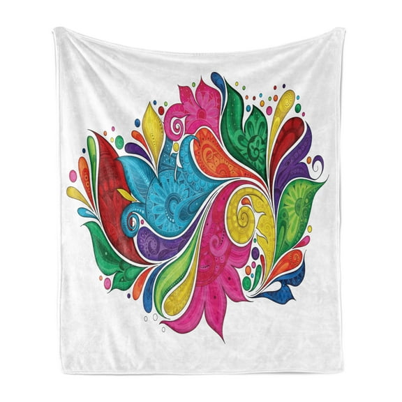 Ethnic Soft Flannel Fleece Throw Blanket, Vibrant Paisley Lily Flower Leaves in Rainbow Colors with Modern Abstract Effects, Cozy Plush for Indoor and Outdoor Use, 70" x 90", Multicolor, by Ambesonne