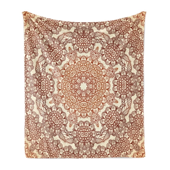 Ethnic Soft Flannel Fleece Throw Blanket, Vintage Round Pattern Style Brown Tones Spring Flowers Illustrations, Cozy Plush for Indoor and Outdoor Use, 70" x 90", Brown Pale Brown, by Ambesonne