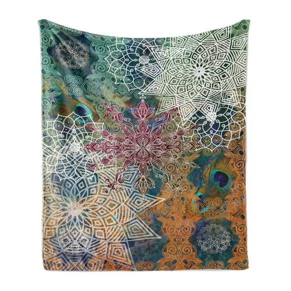Ethnic Soft Flannel Fleece Throw Blanket, Vintage Style Oriental Composition with Mandala Flowers and Peacock Feathers, Cozy Plush for Indoor and Outdoor Use, 50" x 60", Multicolor, by Ambesonne