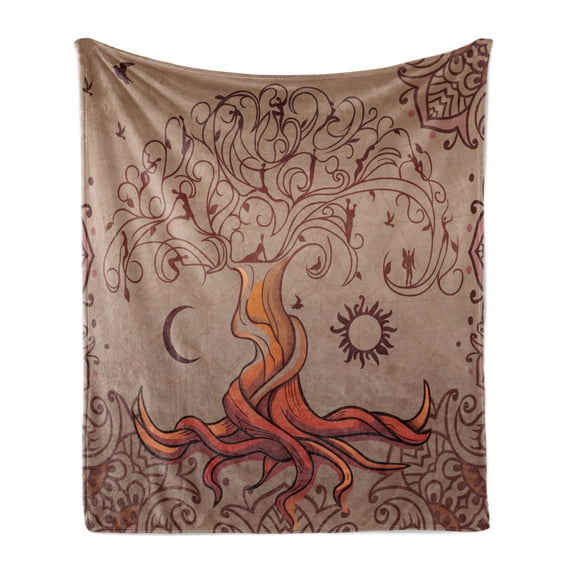 Ethnic Soft Flannel Fleece Throw Blanket, Vintage Tree of Life Sun and Moon Elf on Branches Enchanted, Cozy Plush for Indoor and Outdoor Use, 60" x 80", Orange Mauve Taupe, by Ambesonne