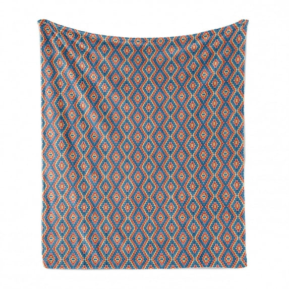 Ethnic Soft Flannel Fleece Throw Blanket, Vivid Colored Ornament with Zig Zag Lines Symmetric Geometric, Cozy Plush for Indoor and Outdoor Use, 50" x 60", Blue Orange, by Ambesonne