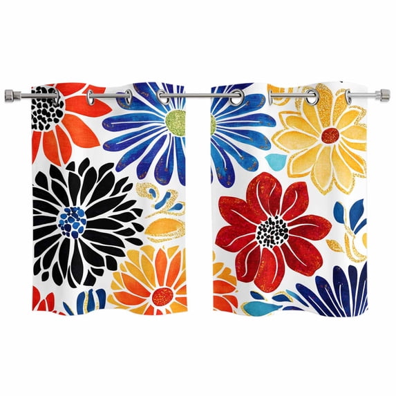 Ethnic Spring Floral Kitchen Curtains Small Short 39 Inch Length, Summer Colorful Botanical Grommet Top Bedroom Living Room Curtains, Light Filtering Cafe Curtain Drapes 2 Panels Set 55''x39''