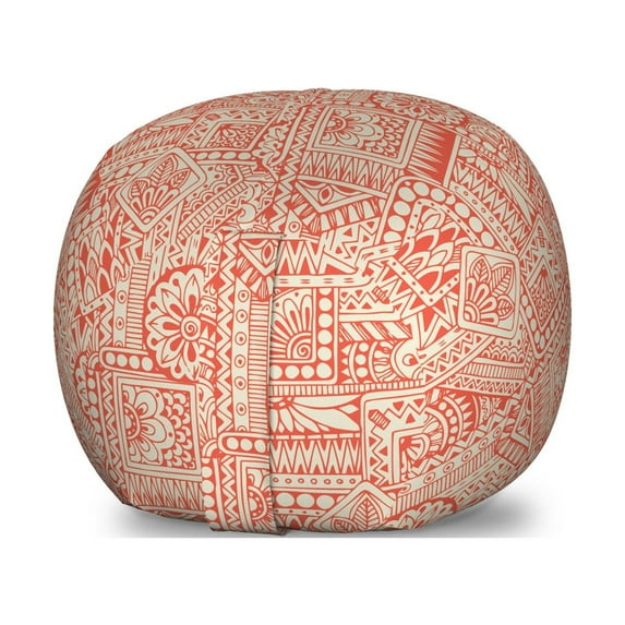 Ethnic Storage Toy Bag Chair, Bicolour Pattern with Floral Ornamental Oriental Motif, Stuffed Animal Organizer Washable Bag, Small Size, Burnt Sienna Grey Yellow, by Ambesonne