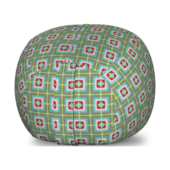 Ethnic Storage Toy Bag Chair, Boho Geometric Squares of Inner Fractal Flowers Retro Poly Art Print, Stuffed Animal Organizer Washable Bag, Large Size, Olive Green and Multicolor, by Ambesonne