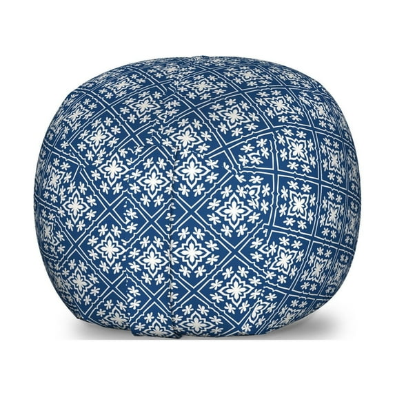 Ethnic Storage Toy Bag Chair, Classic Talavera Design in Monotone Turkish Moroccan Eastern Ornaments, Stuffed Animal Organizer Washable Bag, Large Size, Dark Sky Blue and White, by Ambesonne