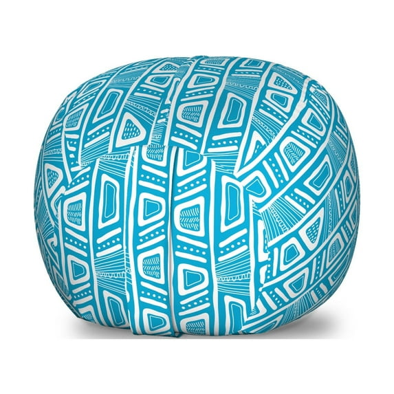 Ethnic Storage Toy Bag Chair, Hand Drawn Composition with Vertical Lines Dots and Abstract Geometric Shapes, Stuffed Animal Organizer Washable Bag, Small Size, Blue and White, by Ambesonne