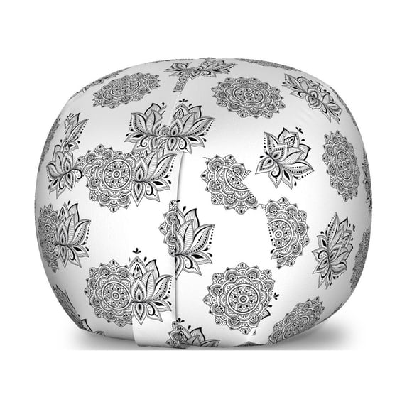Ethnic Storage Toy Bag Chair, Monochrome Design of Lotus Flowers and Eastern Style Mandala Inspired, Stuffed Animal Organizer Washable Bag, Small Size, Charcoal Grey White, by Ambesonne