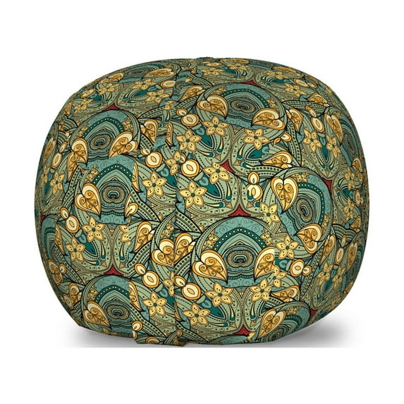 Ethnic Storage Toy Bag Chair, Ornamental Illustration of Hand Drawn Like Oriental Mandala Vintage Layout, Stuffed Animal Organizer Washable Bag, Small Size, Laurel Green Mustard, by Ambesonne