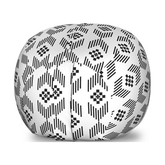Ethnic Storage Toy Bag Chair, Sqaures Pattern with Stripes Abstract Classic Oriental Motif Arrangement, Stuffed Animal Organizer Washable Bag, Small Size, Black and White, by Ambesonne