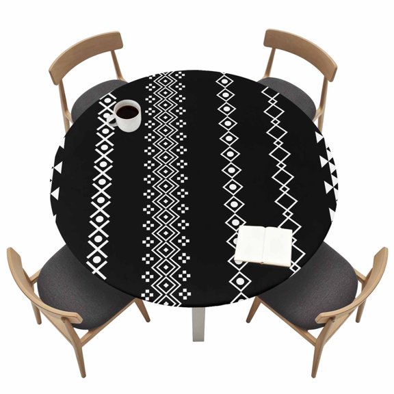 Ethnic Stripes Round Fitted Table Cover Boho Black and White Geometric Argyle Dots Waterproof Table Cloth with Elastic Edge Wipeable Tablecloth for Picnic Camping Party Fits 36"-44" Tables