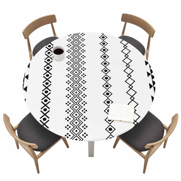 Ethnic Stripes Round Fitted Table Cover Boho White and Black Geometric Argyle Dots Waterproof Table Cloth with Elastic Edge Wipeable Tablecloth for Picnic Camping Party Fits 36"-44" Tables