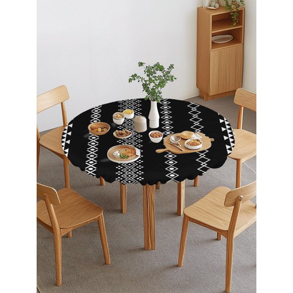 Ethnic Stripes Round Fitted Tablecloth with Elastic Edge, Boho Black and White Geometric Argyle Dots Waterproof Stretch Table Covers for 36"-44" Tables Wipeable Table Cloth for Outdoor