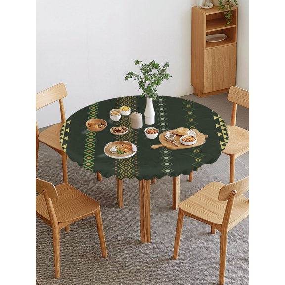 Ethnic Stripes Round Fitted Tablecloth with Elastic Edge, Boho Dark Green Yellow Geometric Argyle Dots Waterproof Stretch Table Covers for 36"-44" Tables Wipeable Table Cloth for Outdoor