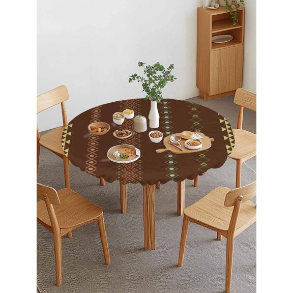 Ethnic Stripes Round Fitted Tablecloth with Elastic Edge, Boho Dark Red Yellow Geometric Argyle Dots Waterproof Stretch Table Covers for 55"-60" Tables Wipeable Table Cloth for Outdoor