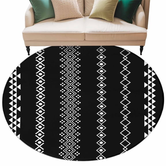 Ethnic Stripes Round Living Room Rugs 6 ft, Boho Black and White Geometric Argyle Dots Washable Area Rug with Non-Slip Sturdy Edge Binding Round Carpet for Kitchen Office Bedroom