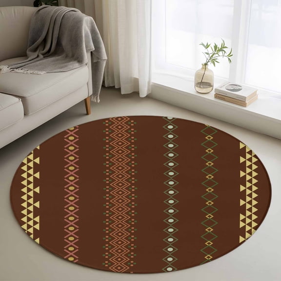 Ethnic Stripes Round Rug 4Ft Boho Dark Red Yellow Geometric Argyle Dots Circle Area Rugs Washable Non Slip Indoor Floor Mats Carpet for Living Room Bedroom Dining Room Home Decor